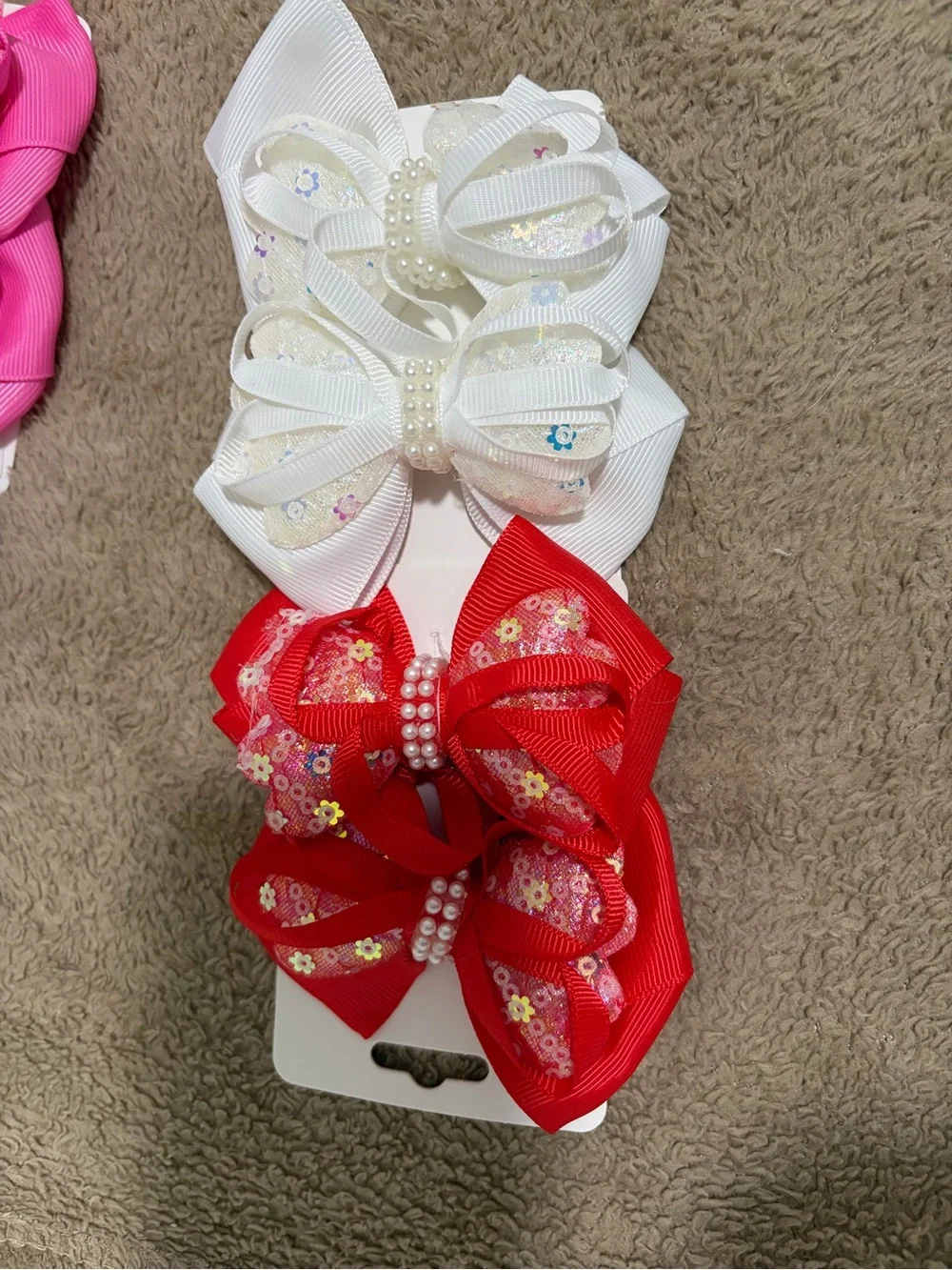 Girls Decorative Hair Bows - White and Red Set